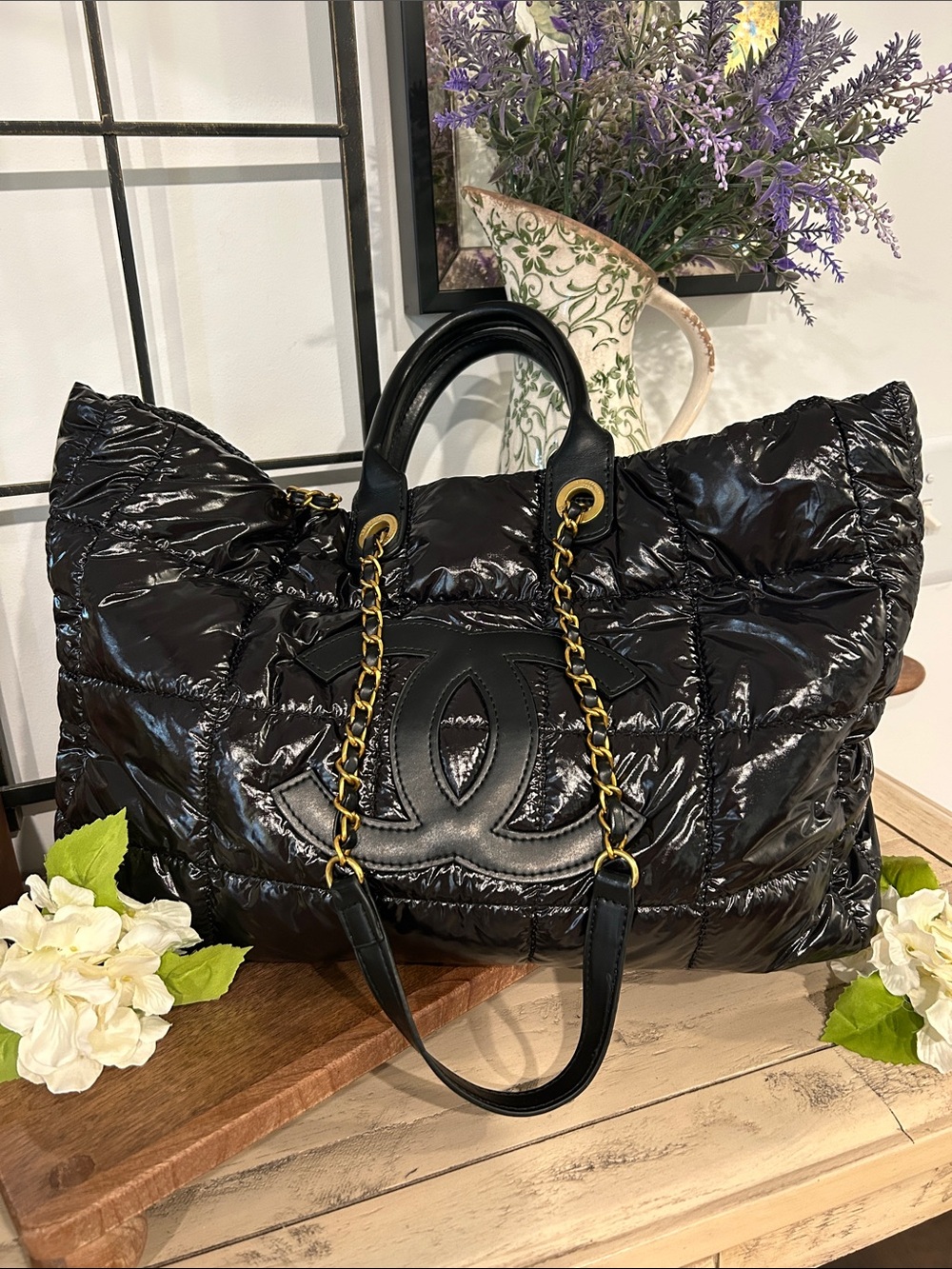 CHANEL Black Gloss Quilted Puffer Tote with Gold Chain Straps